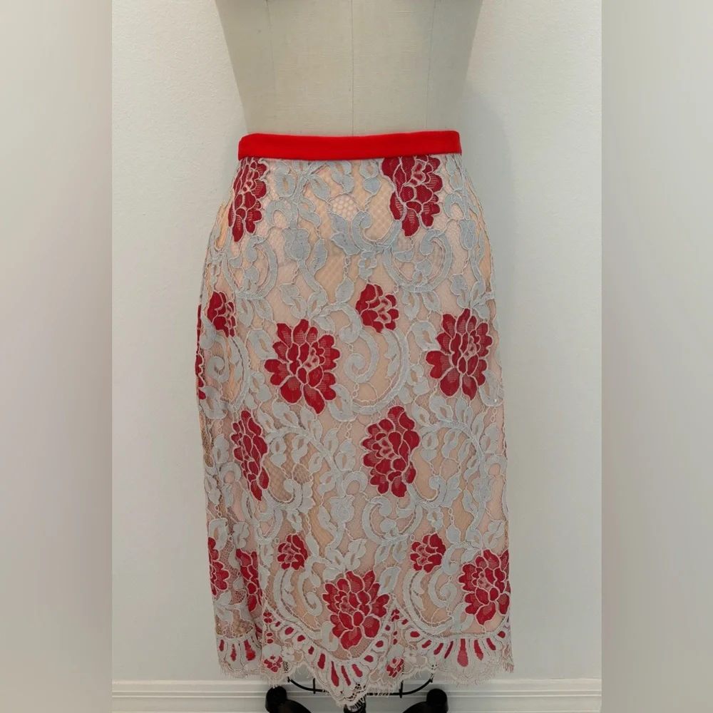 Eva Franco Lace Top & Skirt Set NWT 2 Pcs Persimmon Blue & Pale Pink Size 8